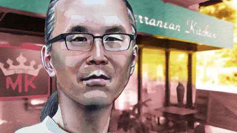 A illustration headshot of Ted Chiang in front of a restaurant