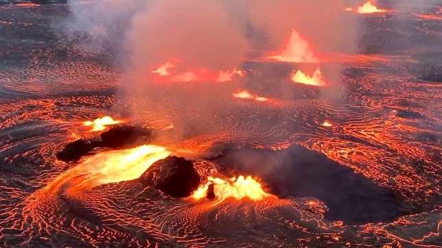 Lava flows on the Halema'uma'u crater floor alongside several active vent sources as the Kilauea volcano erupts in Hawaii, U.S. June 7, 2023. USGS/Handout via REUTERS THIS IMAGE HAS BEEN SUPPLIED BY A THIRD PARTY.