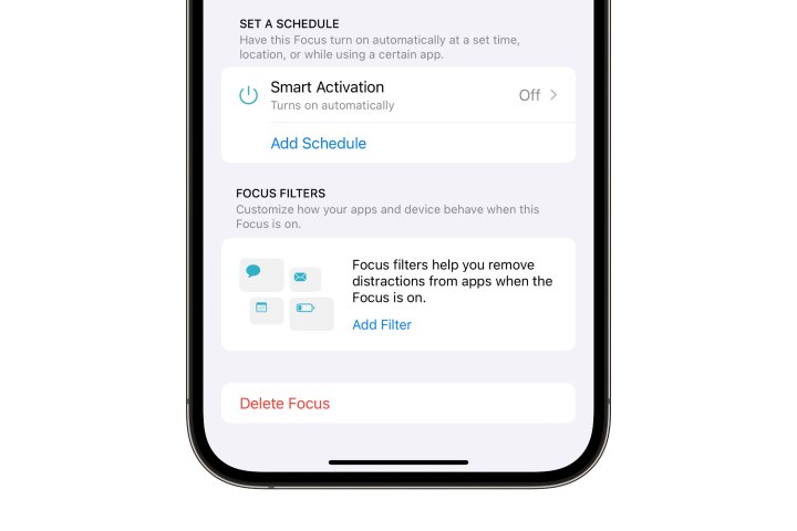 iPhone showing Focus Filter settings.