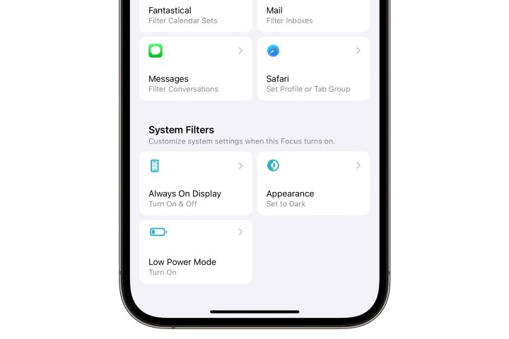 iPhone showing system Focus Filters.