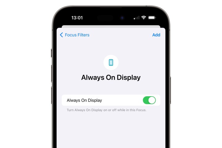 iPhone showing Always On Display focus filter.