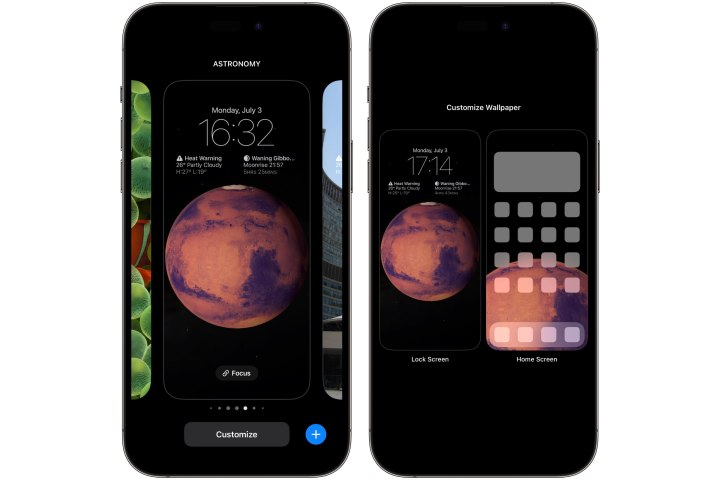 Two iPhones showing the steps to edit a lock screen.