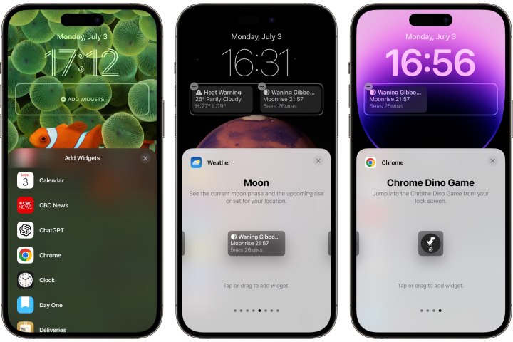 Three iPhones showing how to add lock screen widgets from specific apps.