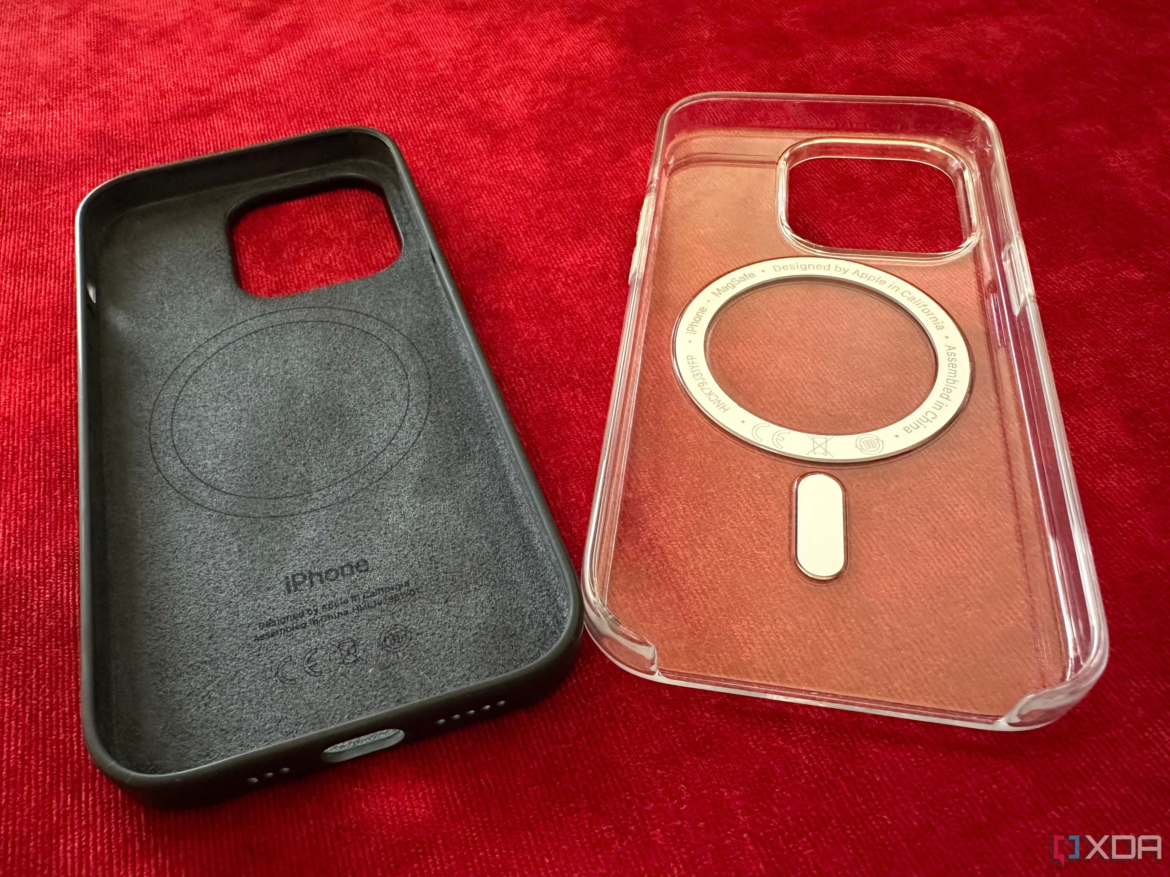 Apple Silicone case next to Clear case for iPhone 14 Pro