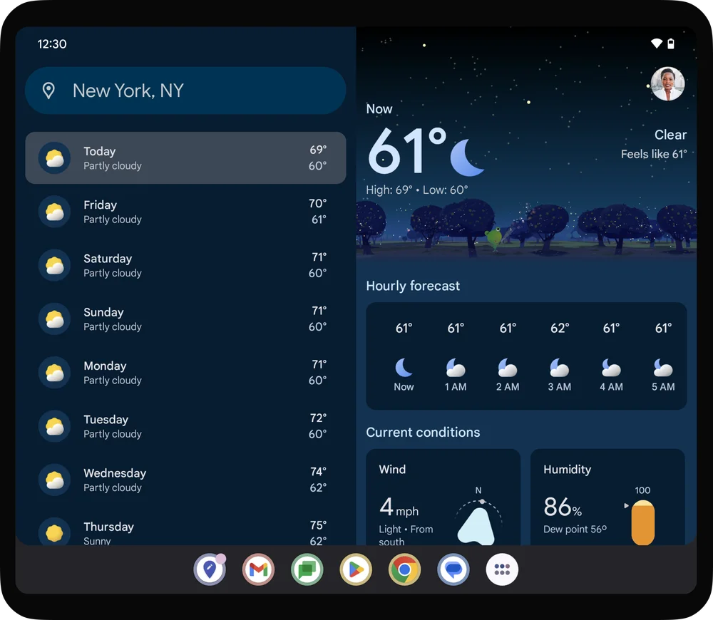 An image showcasing the new two-column Google Weather layout for foldable phones.