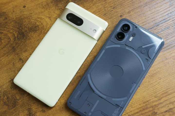 Nothing Phone 2 next to the Google Pixel 7.