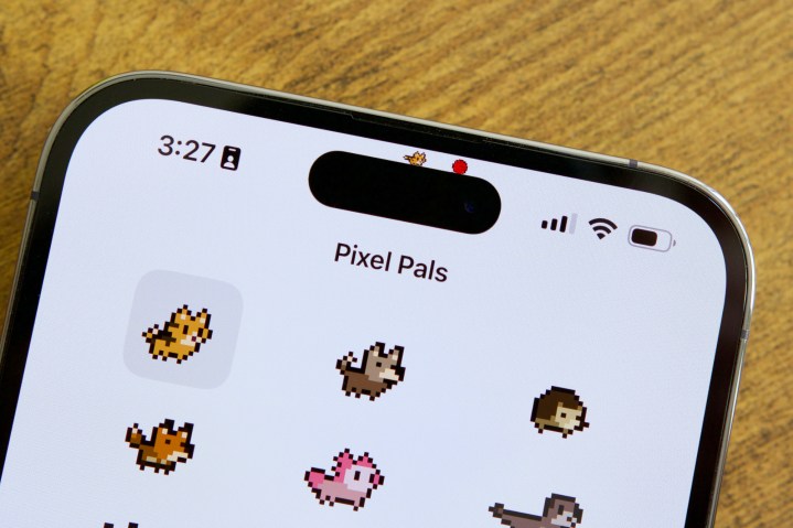 The Pixel Pals app on an iPhone 14 Pro Max. A digital cat is chasing a red ball on top of the Dynamic Island.