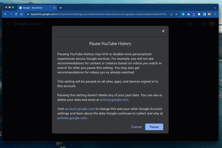 How to turn off your YouTube history - showing the "Pause" button to confirm choice.