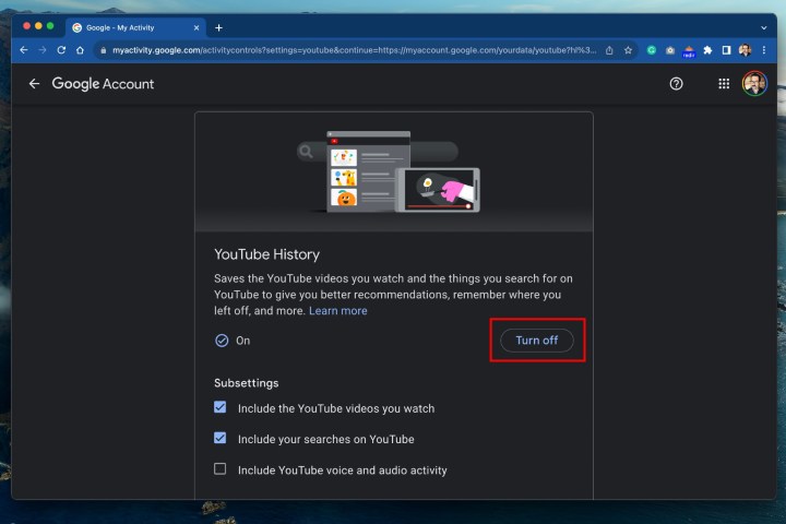 How to turn off your YouTube history - showing the "Turn off" button.