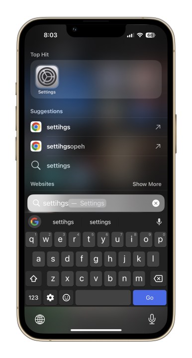 Settings app on iPhone