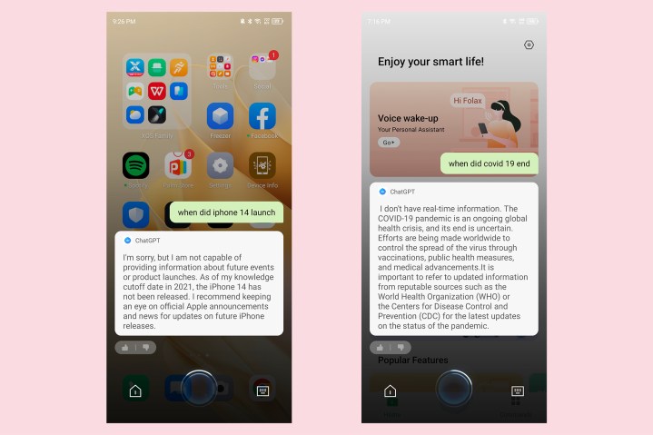 Infinix Folax voice assistant with ChatGPT showing older and outdated information.