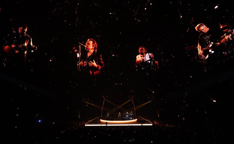 LAS VEGAS, NEVADA - SEPTEMBER 29: (Exclusive Coverage) Bono, The Edge, Adam Clayton and Bram van den Berg of U2 perform during opening night of U2:UV Achtung Baby Live at Sphere on September 29, 2023 in Las Vegas, Nevada. (Photo by Kevin Mazur/Getty Images for Live Nation)