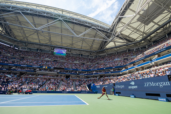 NEW YORK, USA:  September 5:  A general view of Coco Gauff of the United States in action against Jelena Ostapenko of Latvia in the Women's Singles Quarter-Finals match on a packed Arthur Ashe Stadium during the US Open Tennis Championship 2023 at the USTA National Tennis Centre on September 5th, 2023 in Flushing, Queens, New York City.  (Photo by Tim Clayton/Corbis via Getty Images)