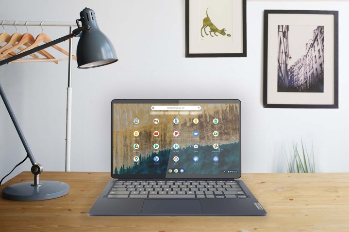 The new Lenovo Chromebook Duet 5 sitting on a desk.