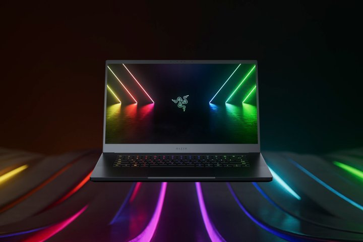 The Razer Blade 15 gaming laptop with RGB lighting on the background.