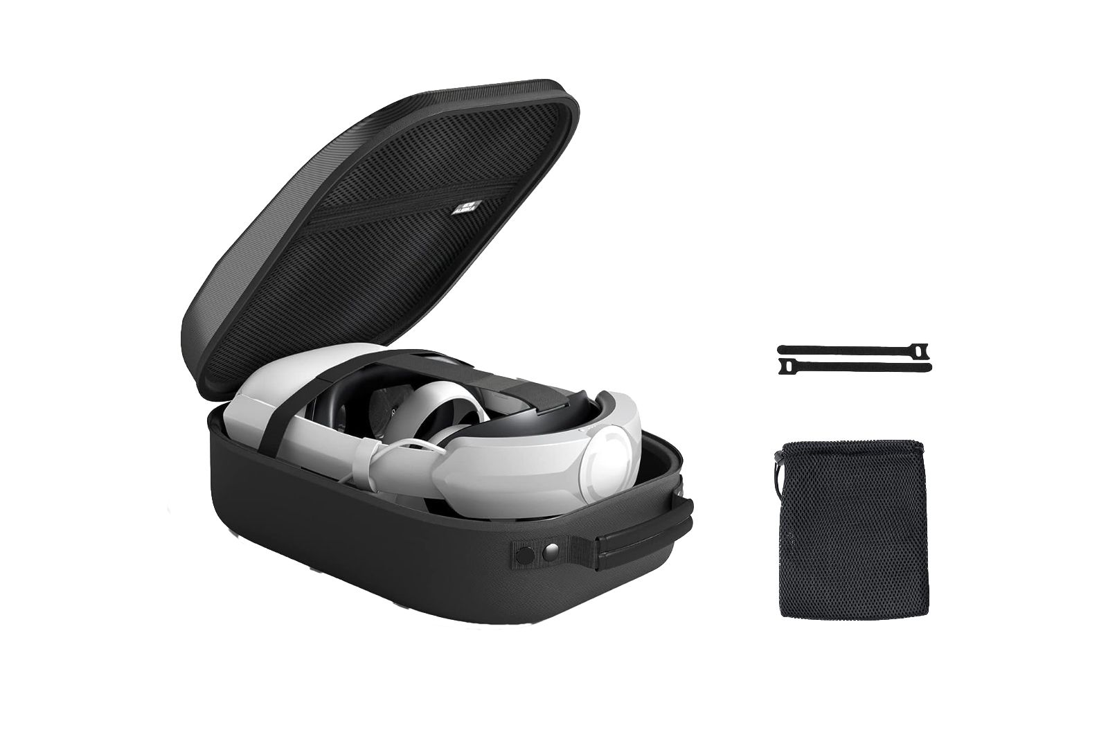 A black case with a VR headset and controllers sitting in it, next to a mesh bag and cable organizers.