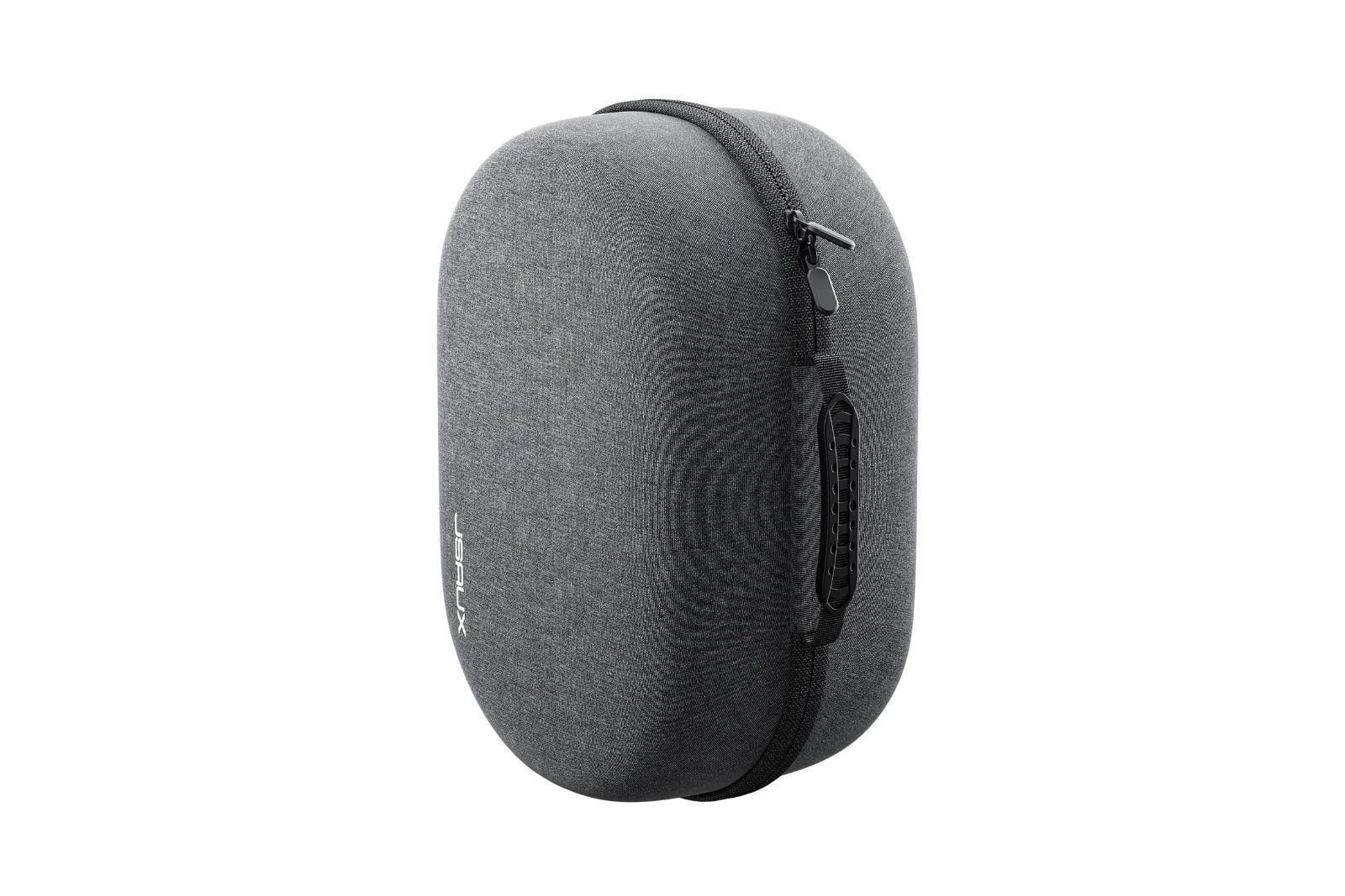 A gray, round, carrying case with a zipper and handle on the side.