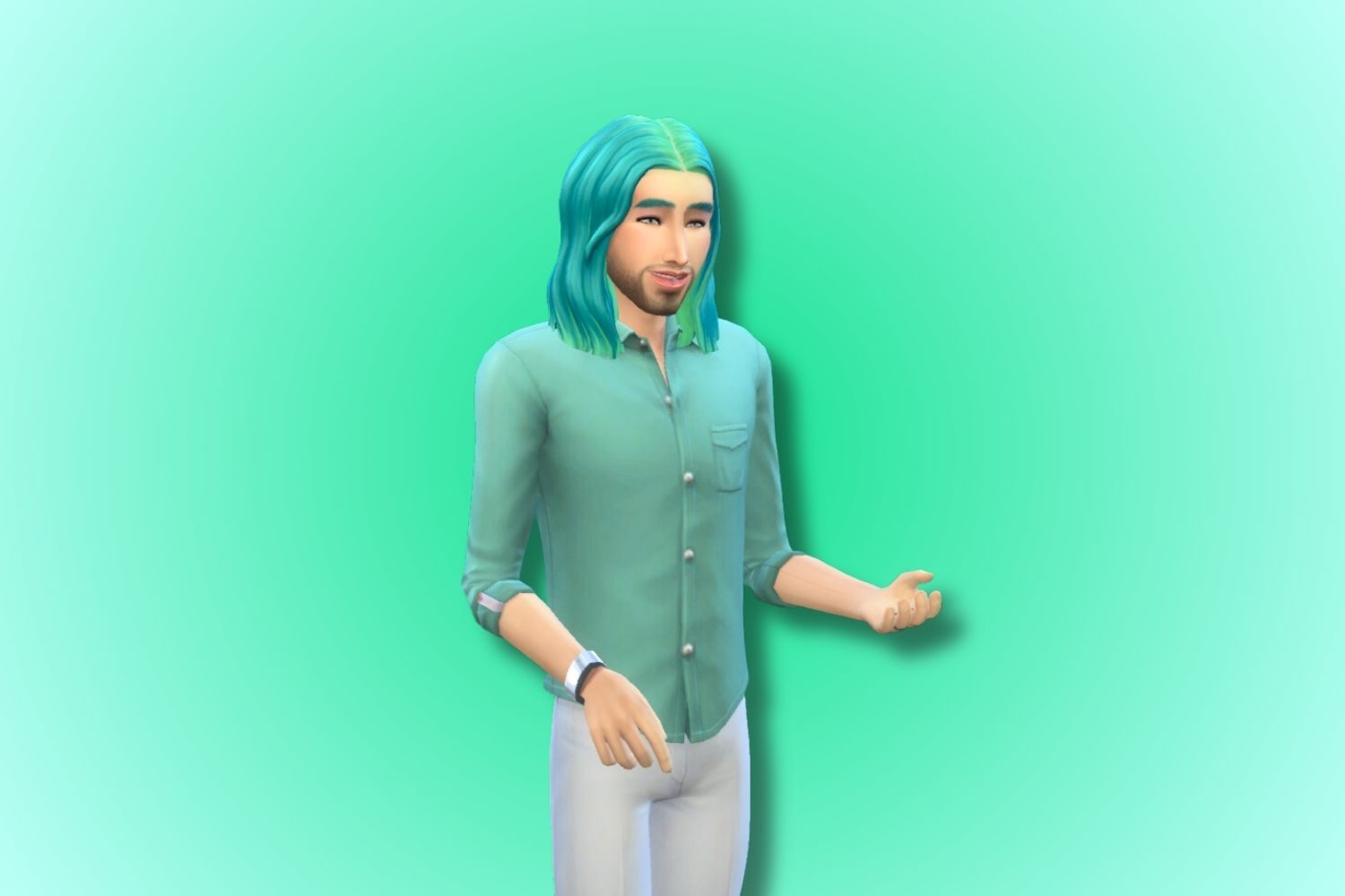 An androgynous adult Sim wears an all mint ensemble while standing against a mint-colored background.