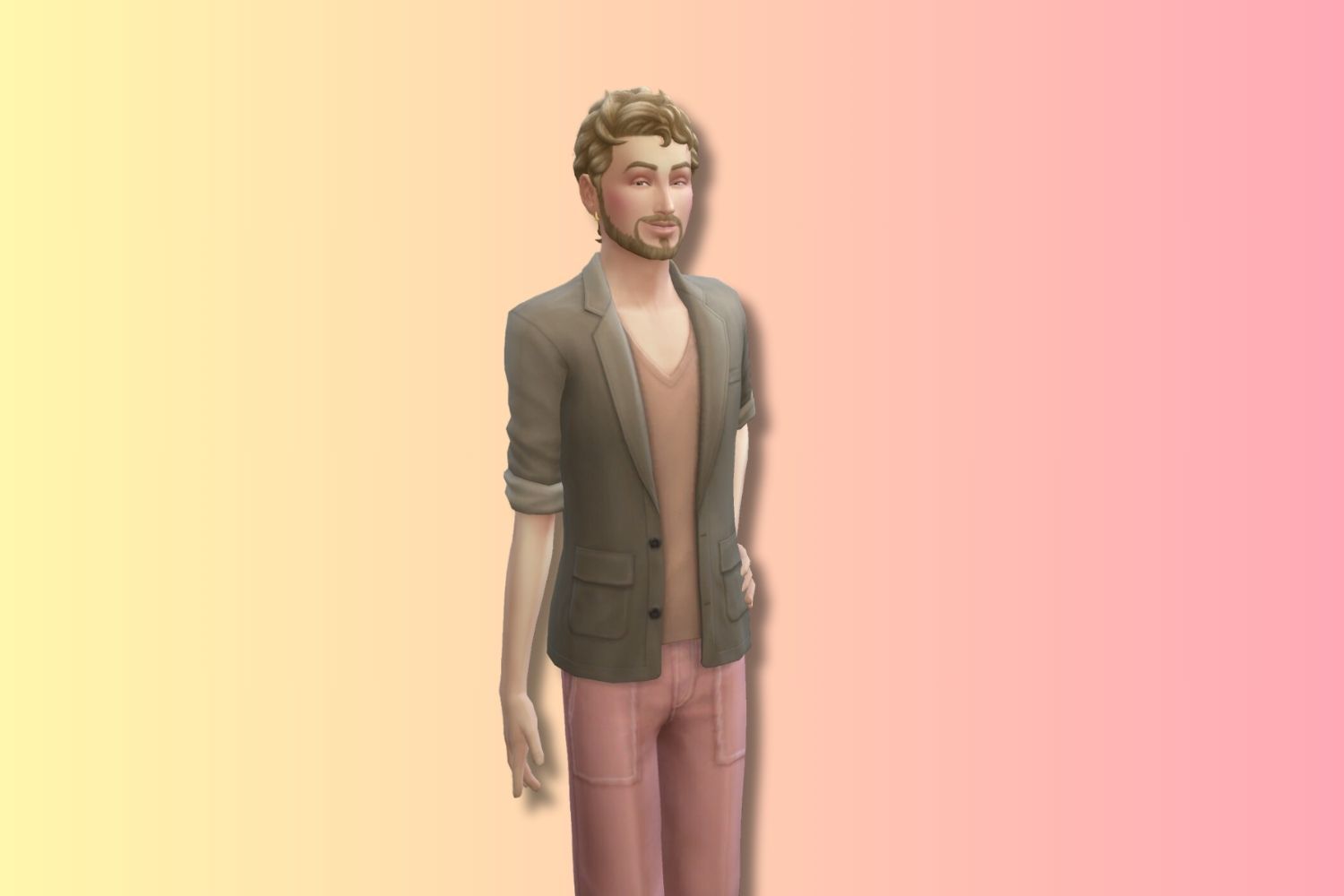 A masculine adult Sim looks mischievously past the camera while wearing an outfit comprised of peachy muted tones.
