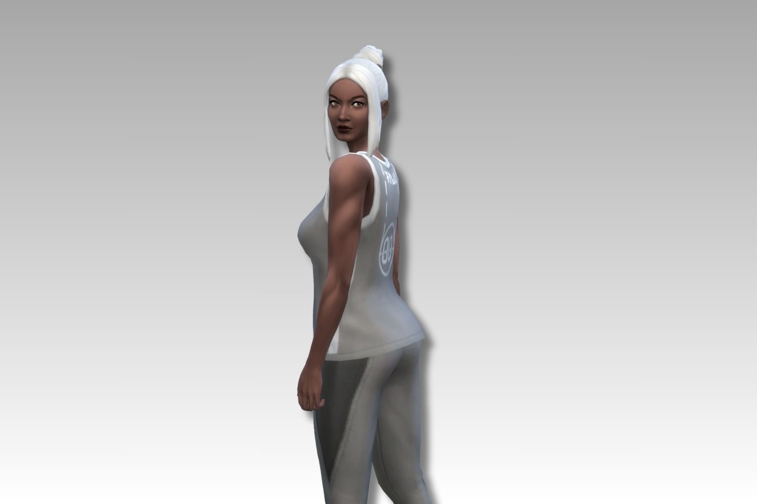 An adult feminine Sim with silver hair stands against a gray background wearing a gray athletic set.