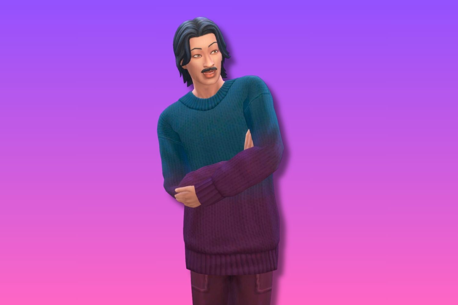 A young masculine Sim stands with their arms crossed, looking off to their left. They are wearing an all purple outfit.