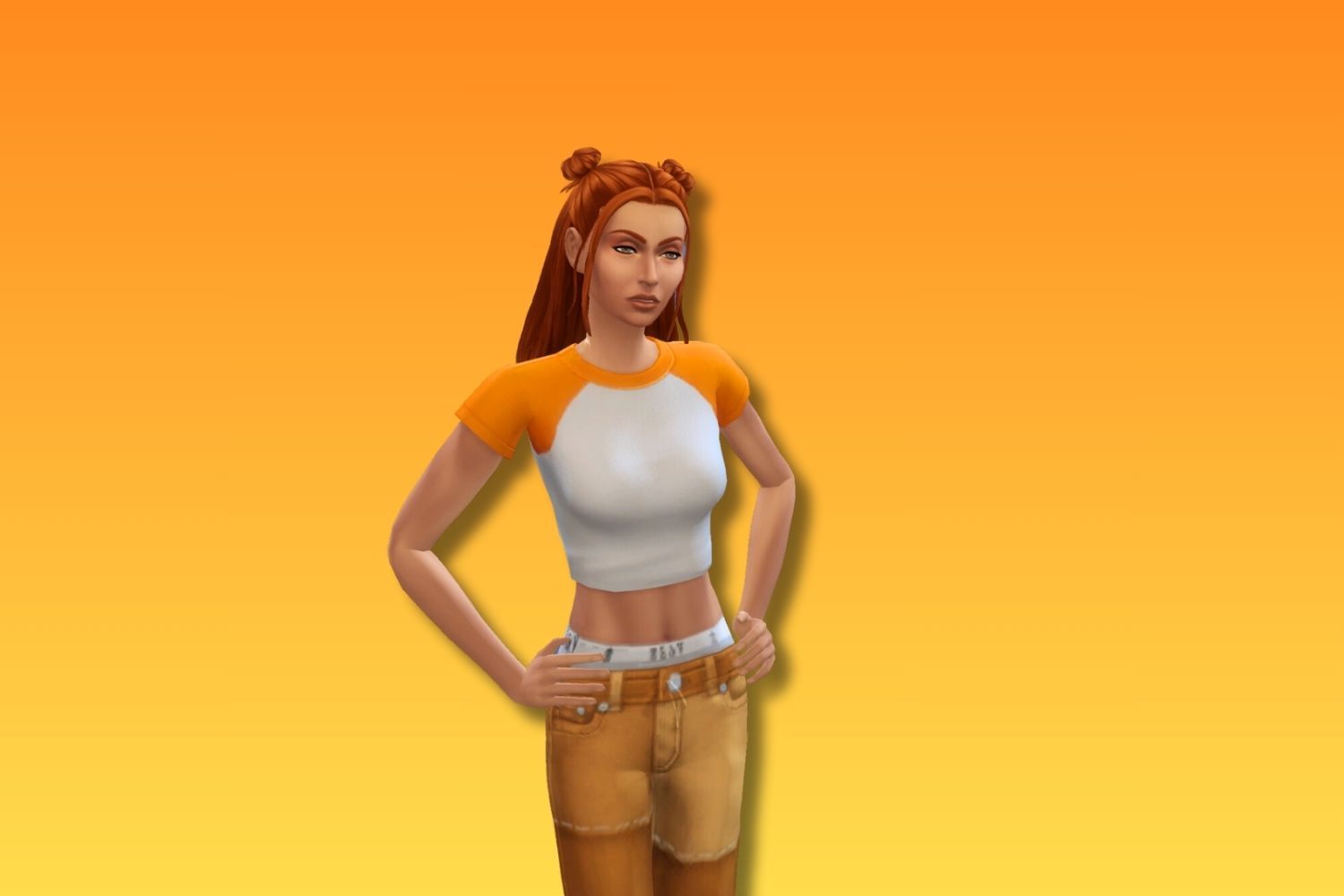 A young feminine Sim appears frustrated as she dons a completely orange outfit, which matches her orange hair.