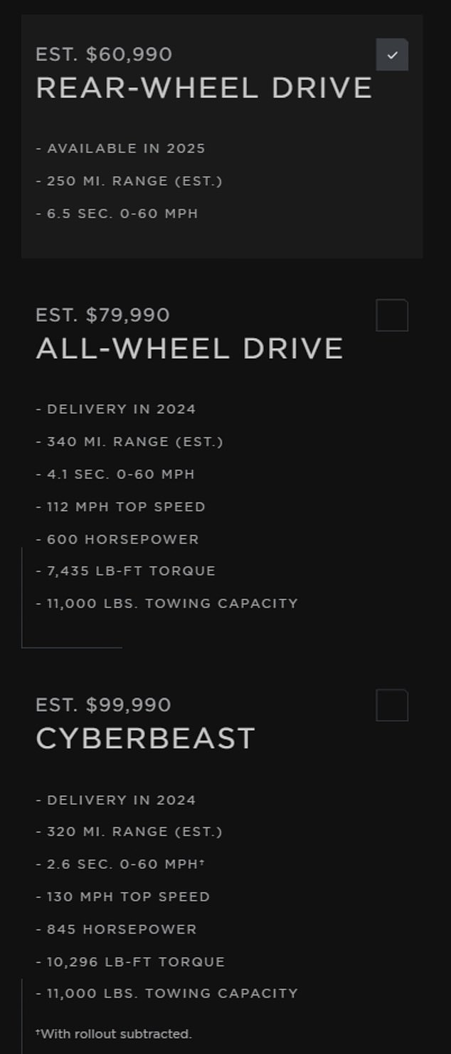 Moments after the live stream ended, Tesla updated its website with new pricing, showing the Cybertuck has nearly doubled in price from $39,999 to $60,990.  The starting price was not the only one to increase - all-wheel drive is now $79,990, and the Cyberbeast is $99,990