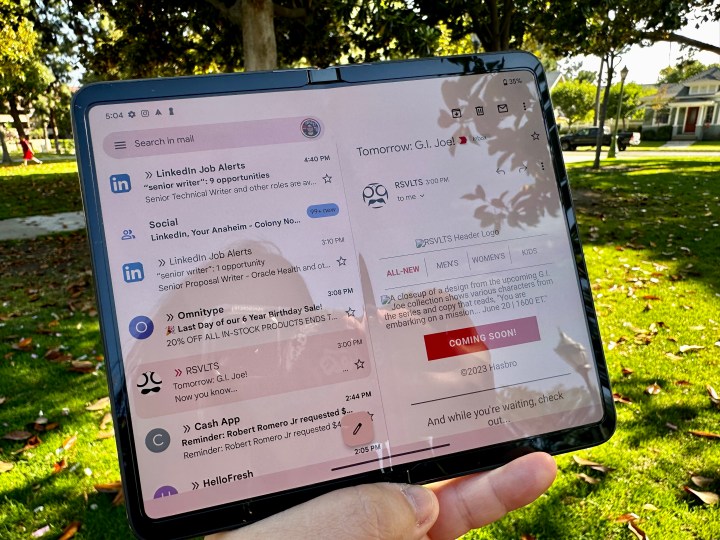 Google Pixel Fold in Obsidian showing Gmail app on inner display.