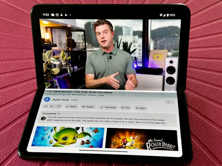 Google Pixel Fold in Obsidian tabletop mode for YouTube.