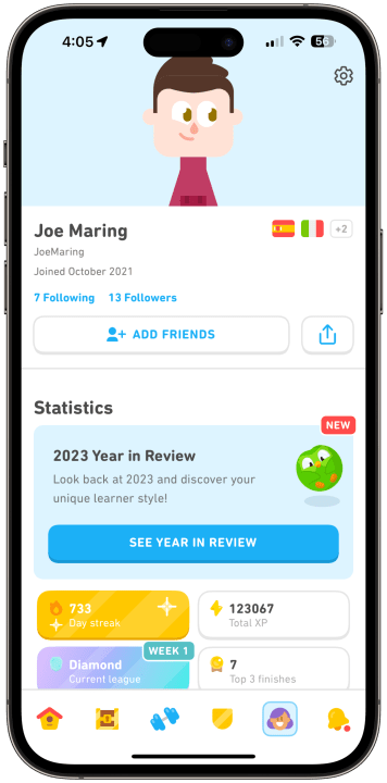 A screenshot of the Duolingo Year in Review 2023 running on an iPhone.