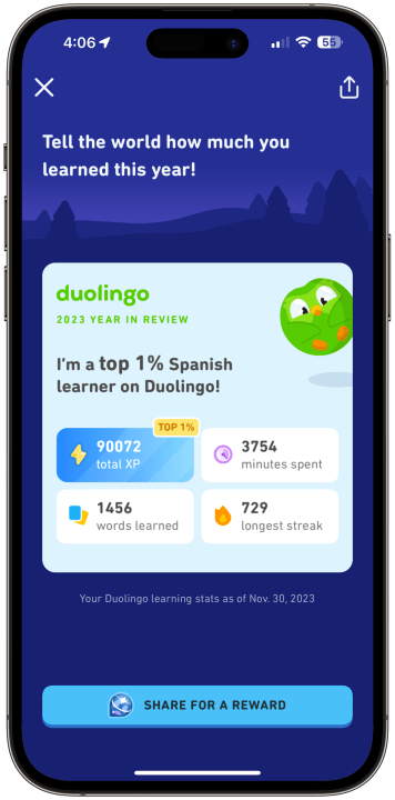 A screenshot of the Duolingo Year in Review 2023 running on an iPhone.