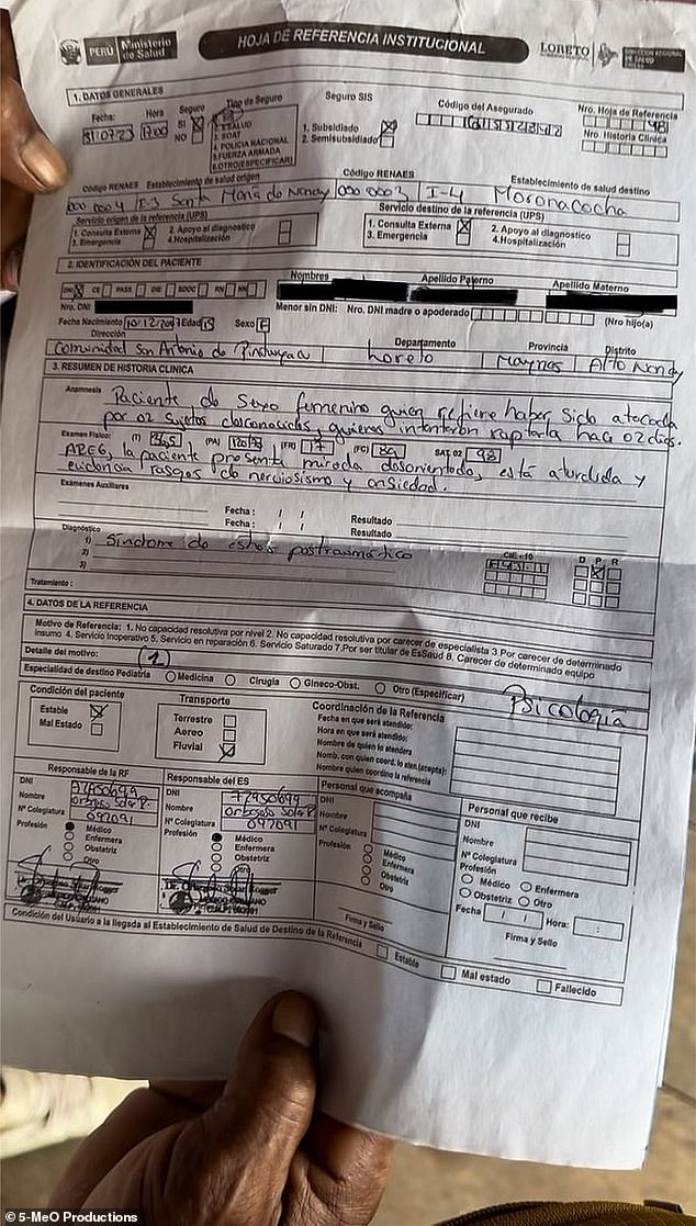 'When they took me to the Santa Maria district [hospital] they gave me a referral for me to go see a psychologist,' Talia said, as alluded to in the official document (pictured)