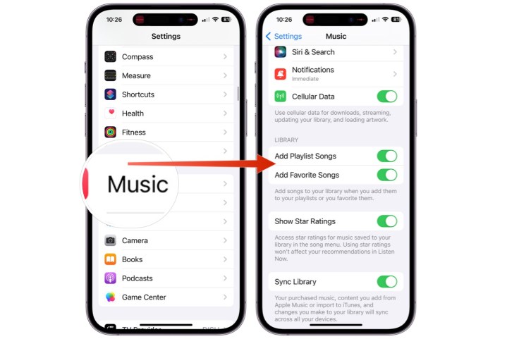 Screenshots showing how to toggle/untoggle the ability to automatically save favorited items in Apple Music.