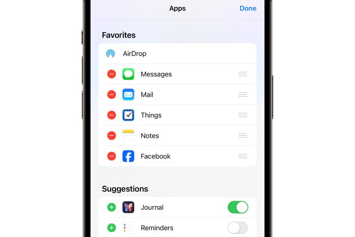 Adding Journal to the iOS Share Sheet favorites in iOS 17.2.