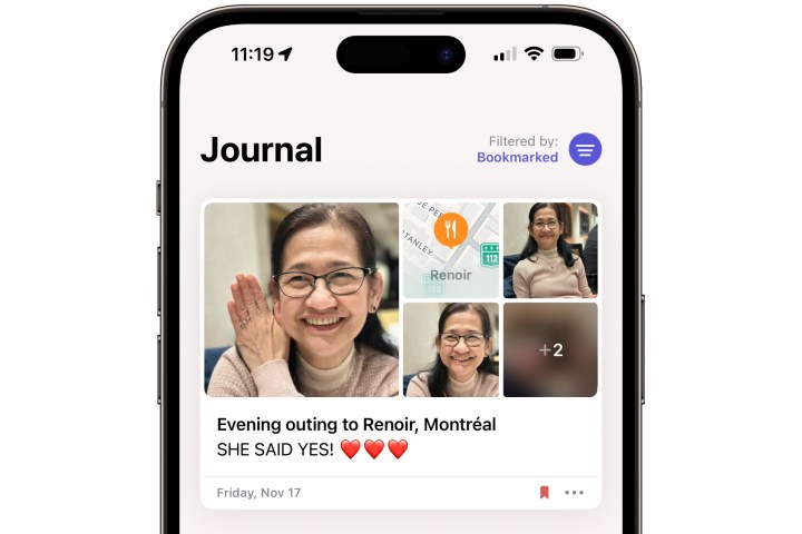 Filtered list of bookmarked journal entries in iOS 17.2.