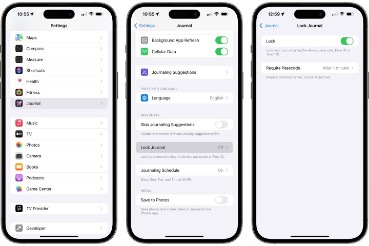 Settings for automatically locking the Journal app in iOS 17.2.