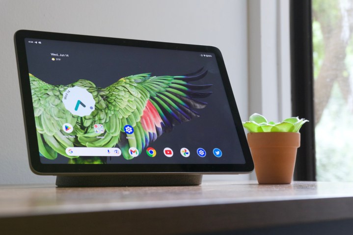 Google Pixel Tablet on its charging dock.