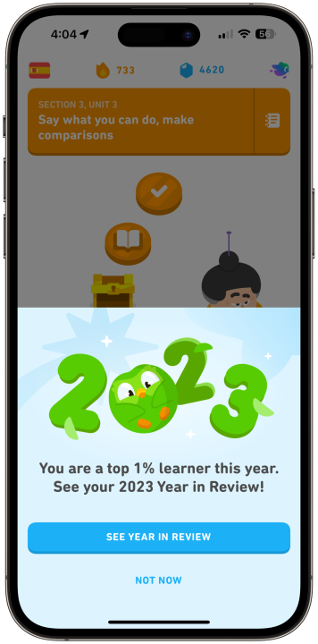 A screenshot of the Duolingo Year in Review 2023 running on an iPhone.