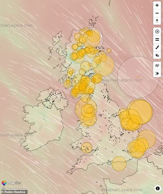 The interactive map shows how strong winds, shown in red shading, over the North Sea and Irish Sea lend themselves to large and productive wind farms