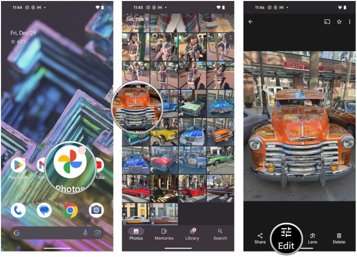 Open Google Photos, find and select an image, then select Edit.