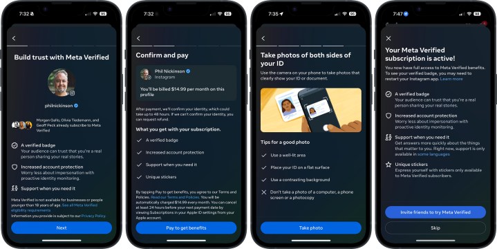Screenshots of the Meta Verified process.
