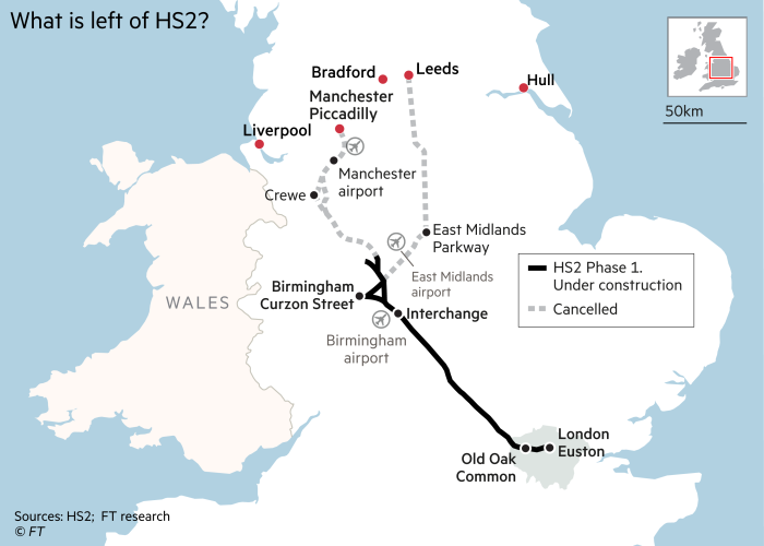 Map showing what is left of HS2 rail,