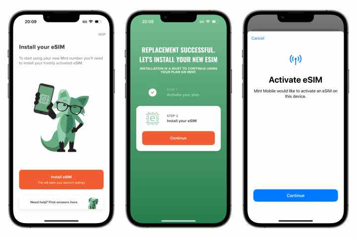 Three iPhones showing steps to configure an eSIM using Mint Mobile's app. 