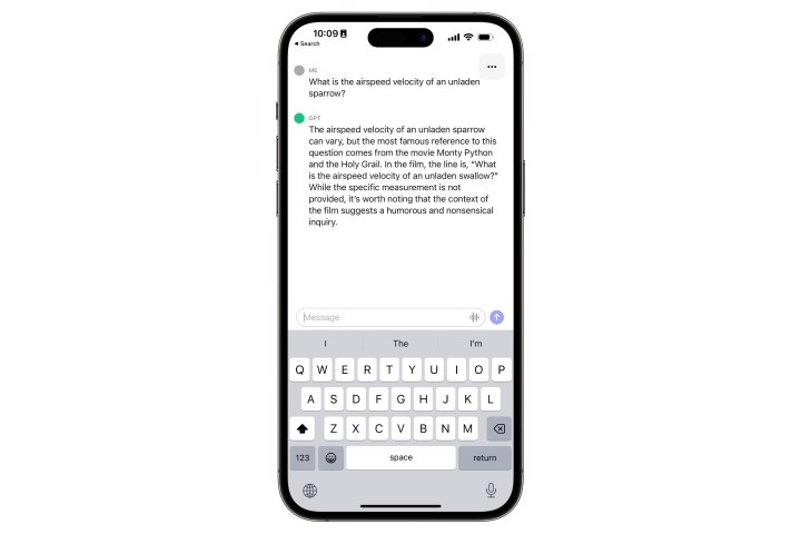 ChatGPT on iPhone being asked about the velocity of an unladen swallow.