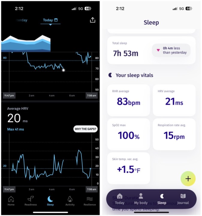 Oura and Evie sleep vital comparison.