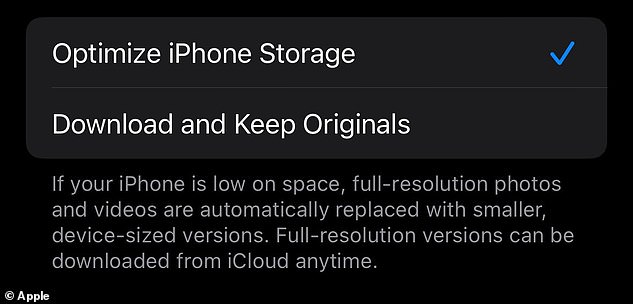 Next, check the option 'Optimize iPhone Storage.' This will store high-resolution versions of your photos in iCloud and keep smaller versions on your phone, freeing up storage.