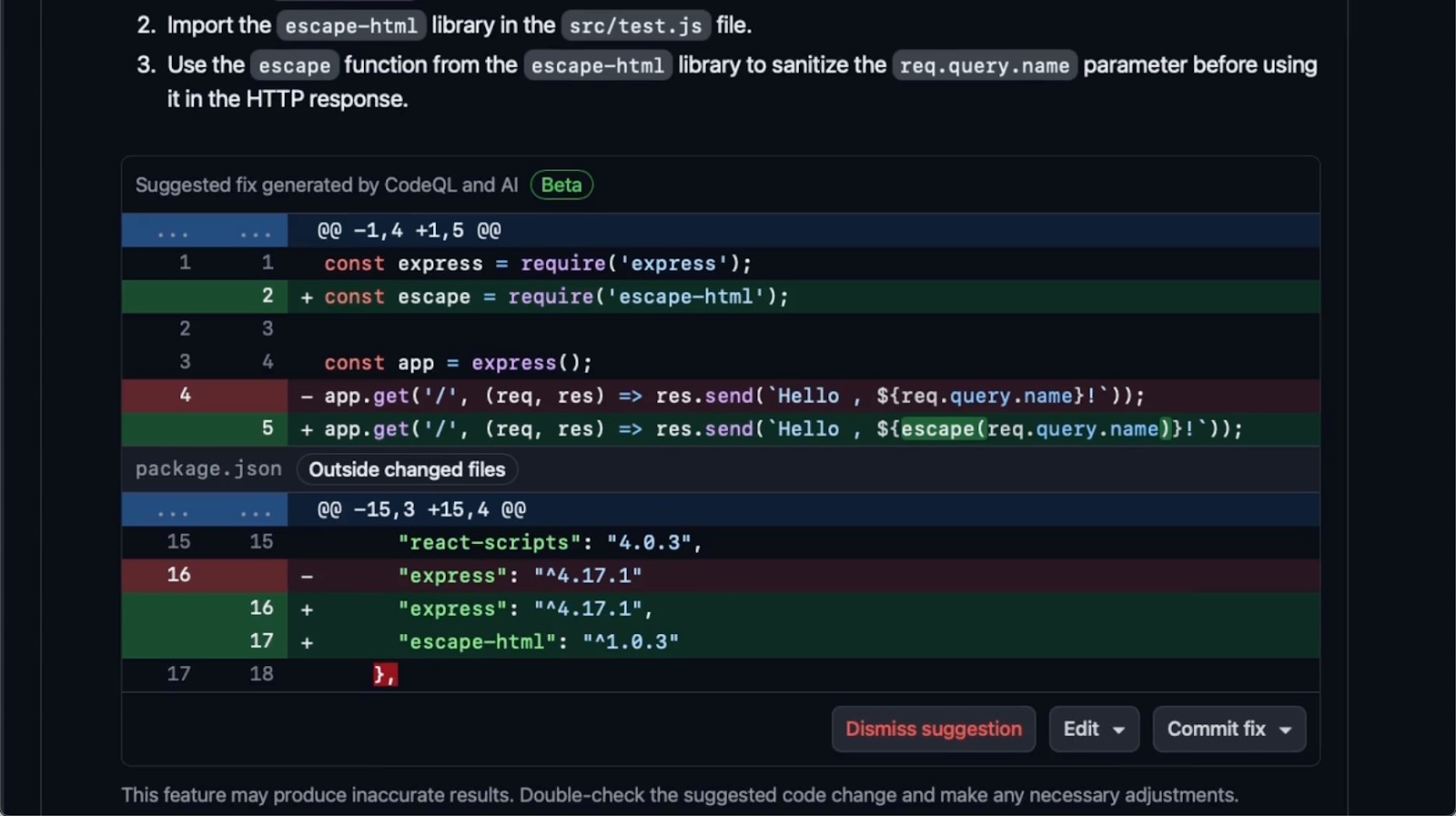 GitHub code scanning autofix example image showing the tool offering user code remediation suggestion.