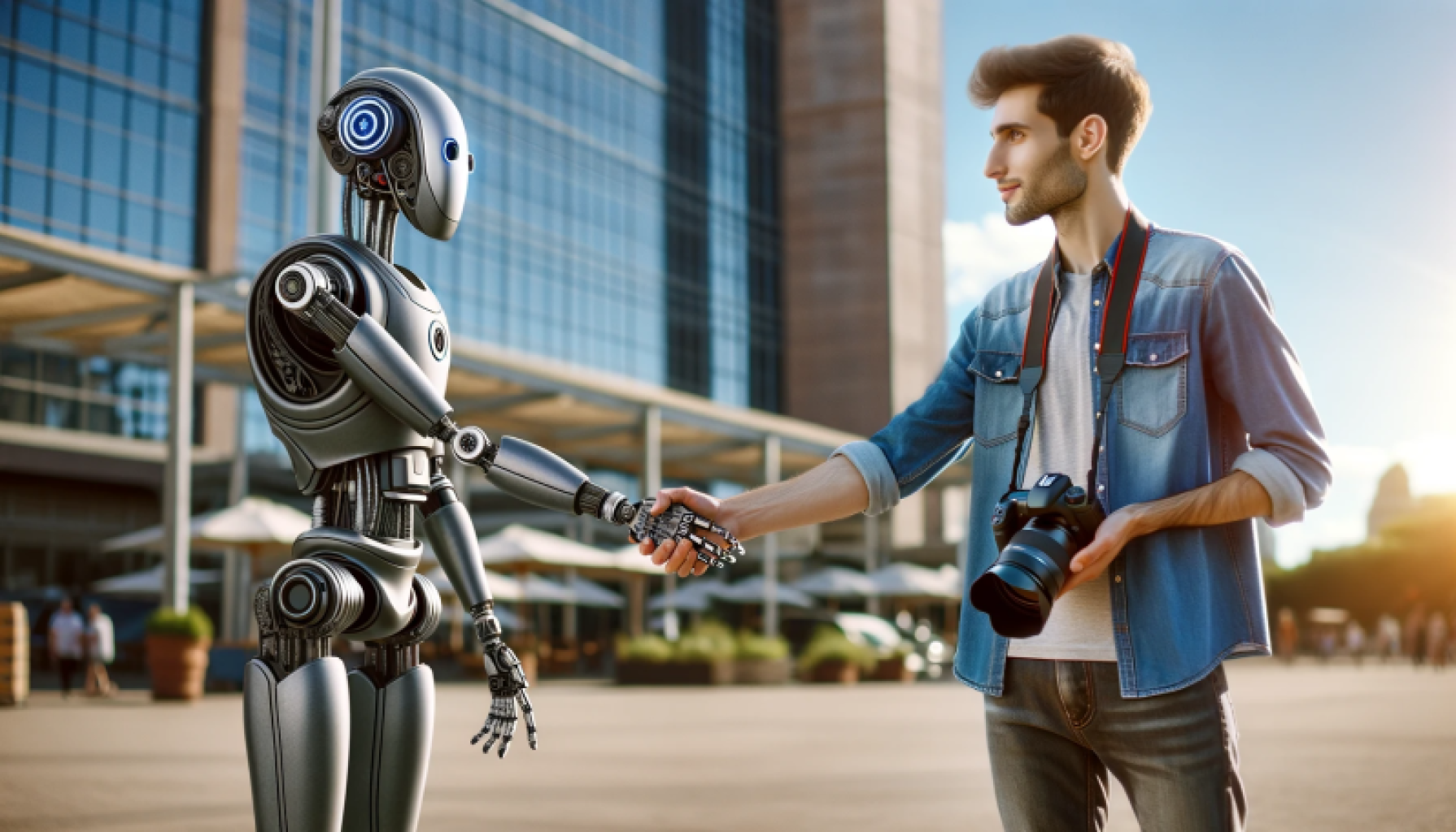 A humanoid robot shakes hands with a masculine presenting photographer with dark hair and stubble outside a building.