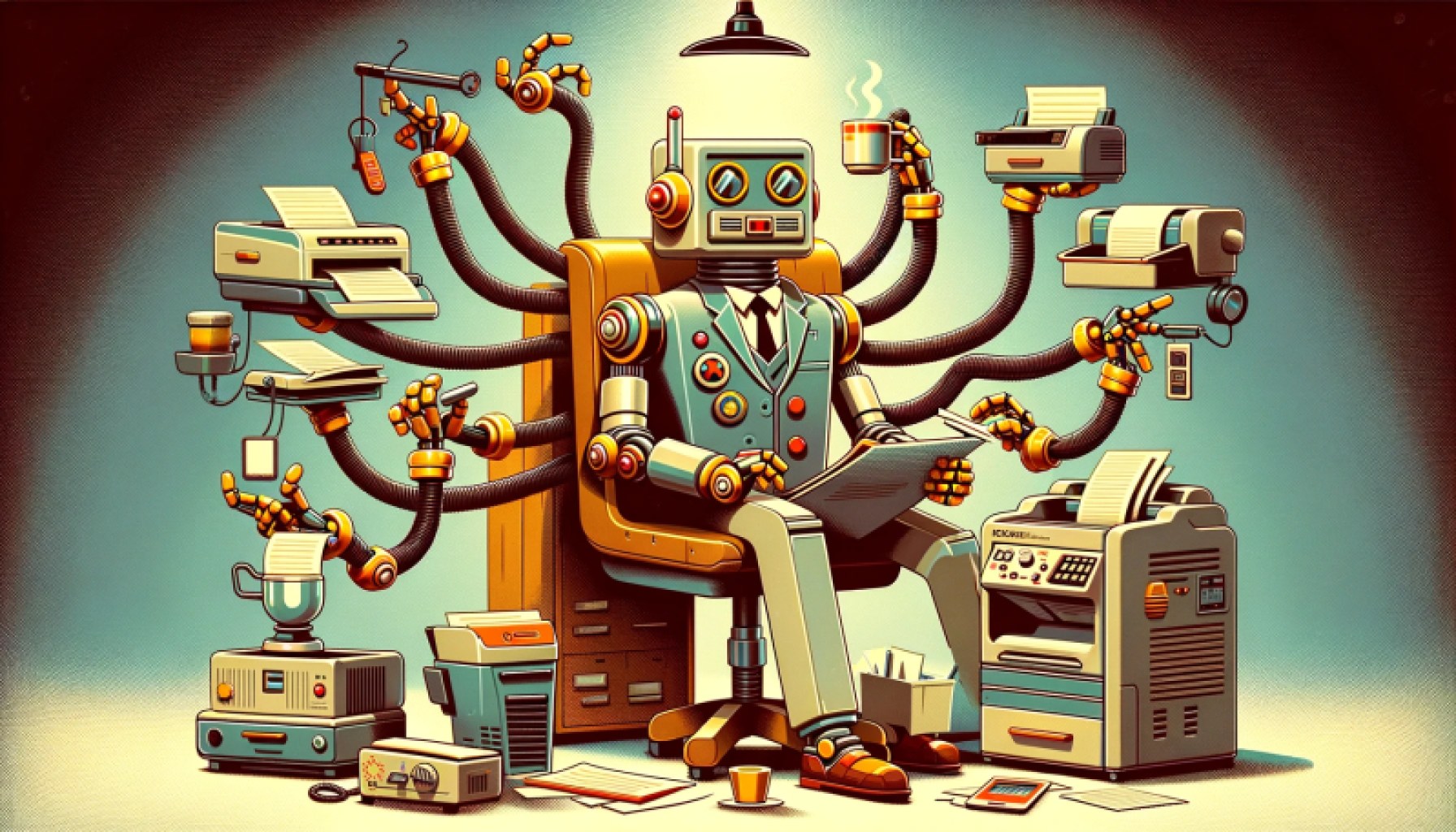 A multi-armed robot performs multiple office tasks simultaneously, such as reading a document and holding a coffee cup and using a photocopier.
