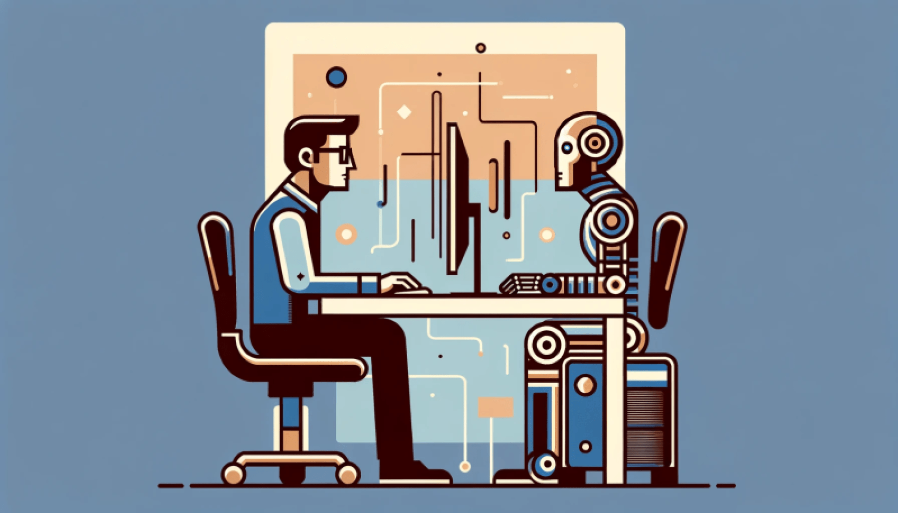 AI generated profile view image of a white collar worker masculine presenting with glasses in sweater vest seated in front of a desktop computer, mirroring him is a humanoid robot in simplified style, blue and brown tones.